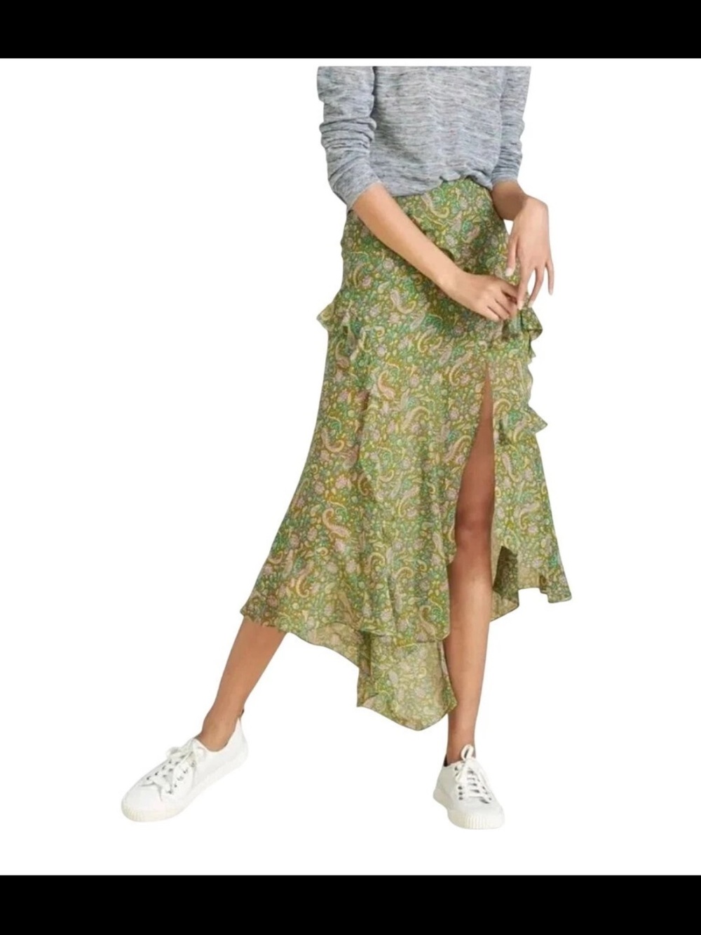 Veronica Beard Eleonora Ruffled Green Paisley Silk Midi Fern Multi Skirt